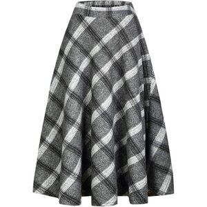 Womens Long Grey Elastic Waist A-Line Pleated Tartan Long Plaid Wool Skirts